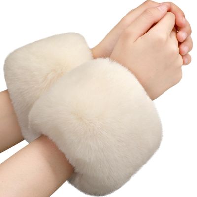 SATINIOR Faux Fur Short Wrist Cuff Winter Fuzzy Wrist Cuff Warmers for Women Girls Favors(Beige)