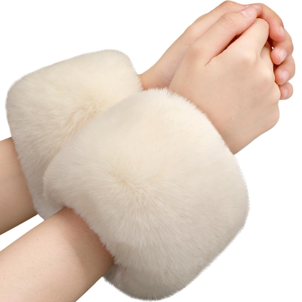 SATINIOR Faux Fur Short Wrist Cuff Winter Fuzzy Wrist Cuff Warmers for Women Girls Favors(Beige)