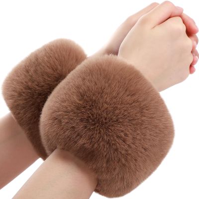 SATINIOR Faux Fur Short Wrist Cuff Winter Fuzzy Wrist Cuff Warmers for Women Girls Favors(Khaki)
