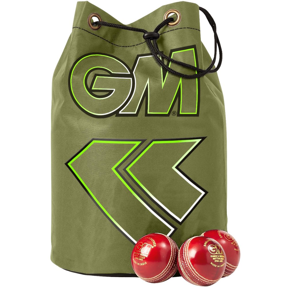 Gunn & Moore GM Cricket Ball Bag Drawstring | Shoulder Straps | Khaki Apollo Green with GM Logo | 24 Ball Capacity
