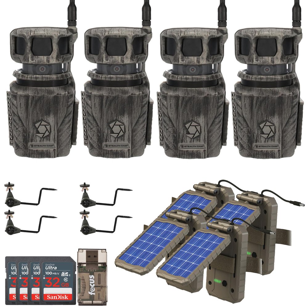 Stealth Cam Revolver 36MP 360-Degree Cellular Trail Camera with 1/4-Inch Threaded Mount (4-Pack) Bundle with Stealth Cam Power Panel (4-Pack), Holder (4-Pack), Card (4-Pack) and Reader (17 Items)