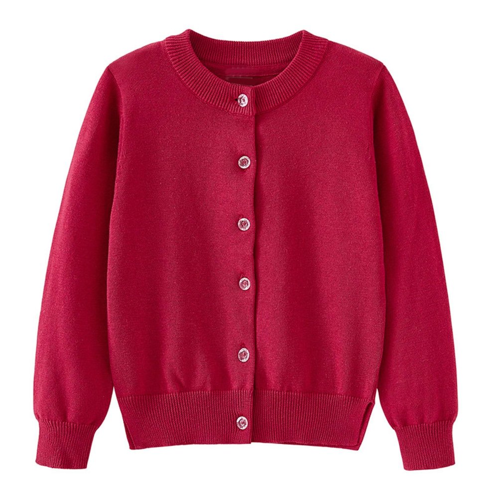 Girl's Crewneck Lightweight Button Cardigan Long Sleeve Knit Sweater Casual Cute Outerwear Toddler for Fall Winter (Red, 7-9 Years)