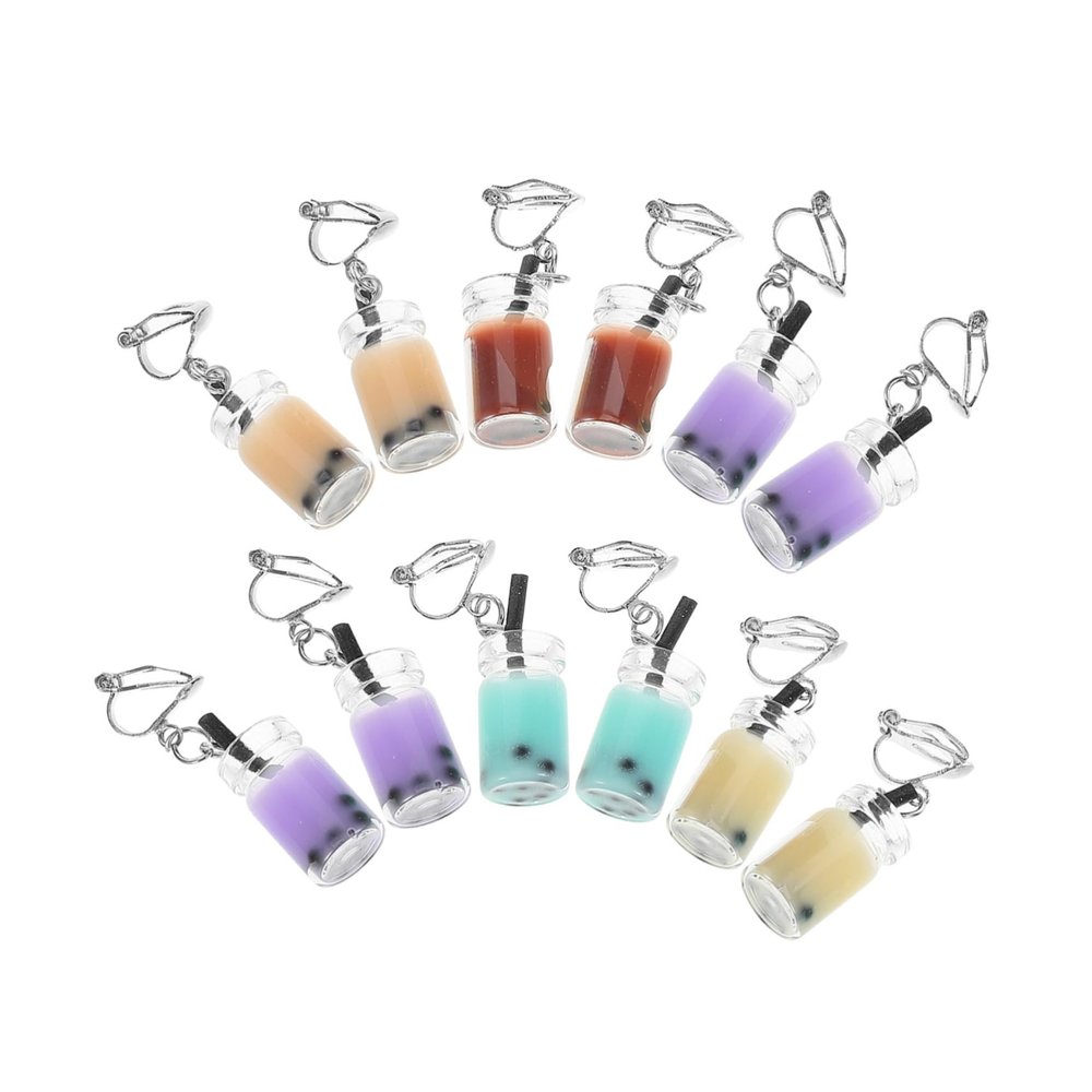 AOKWAWALIY 6 Pairs Simulated Pearl Milk Tea Cup Clip on Earrings Plastic Material Bubble Tea Ear Clips for Women Party Accessories Reusable Cute Fashion