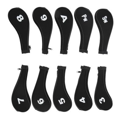 10 Pcs Golf Covers Golf Iron Rod Zipper Hat Cover Protector Covers Black