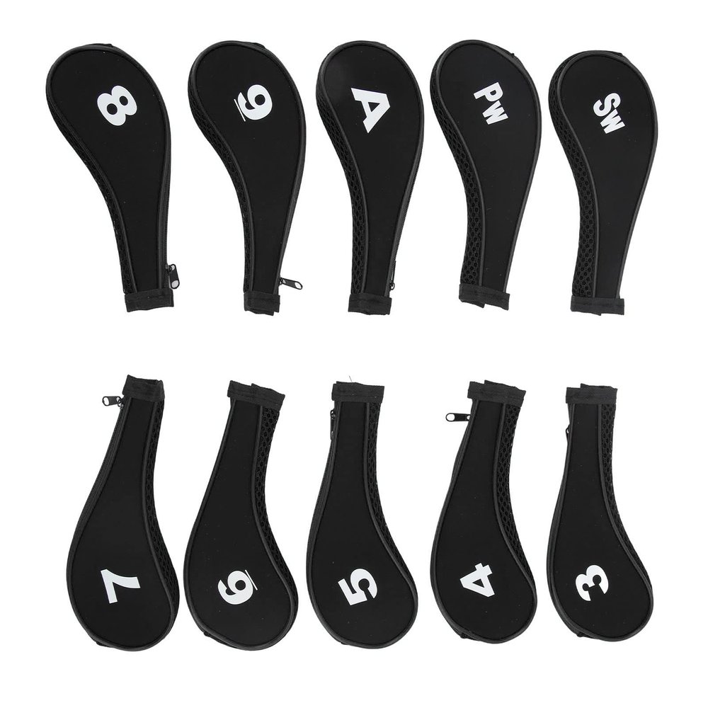 10 Pcs Golf Covers Golf Iron Rod Zipper Hat Cover Protector Covers Black