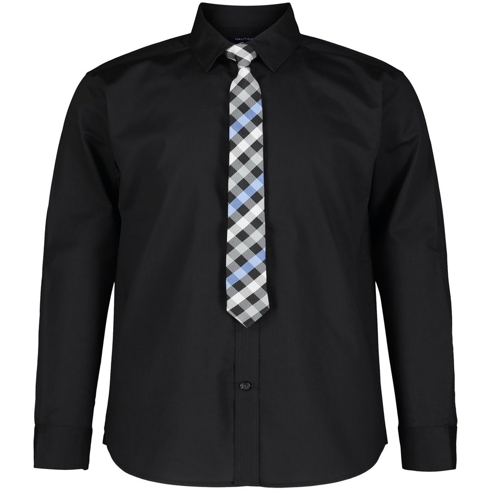 Nautica Boys' Long Sleeve Button-Down Collared Dress Shirt with Tie, Black, 18