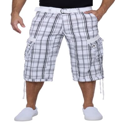 X RAY Men's Belted Long Cargo Shorts for Men, Below Knee Length Mens Cargo Shorts, 3/4 Pants (Big and Tall Shorts for Men) Plaid White 28