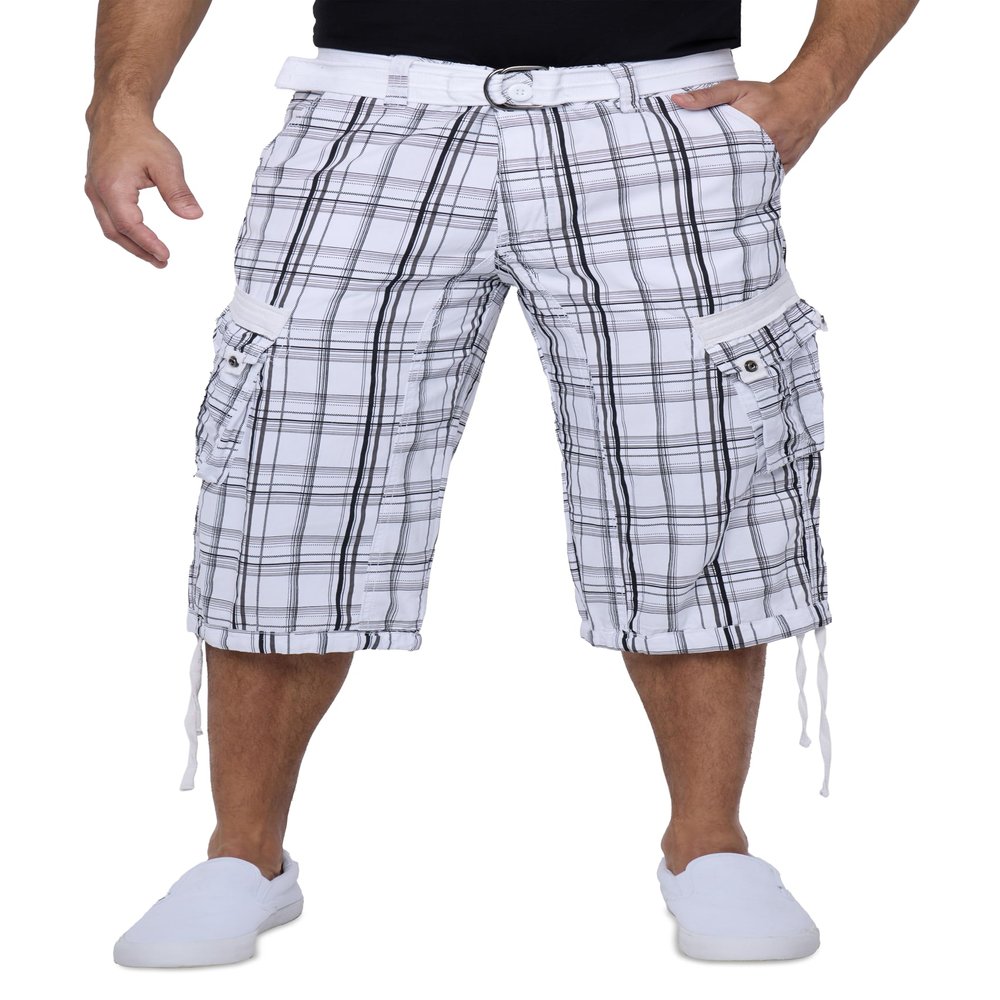X RAY Men's Belted Long Cargo Shorts for Men, Below Knee Length Mens Cargo Shorts, 3/4 Pants (Big and Tall Shorts for Men) Plaid White 28