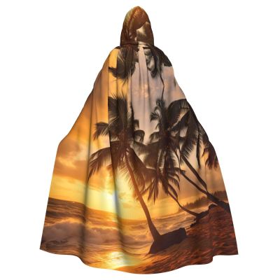 YKJJFVZ Palm Tree Print Rogue Cosplay Adult Halloween Witch Hooded Cloak Cape Unisex Costume For Horror Parties Masquerade
