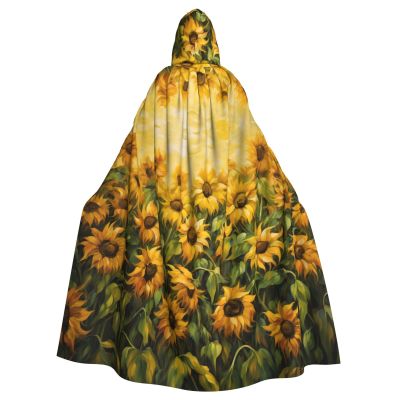YKJJFVZ Oil Painting Sunflower Print Rogue Cosplay Adult Halloween Witch Hooded Cloak Cape Unisex Costume For Horror Parties Masquerade