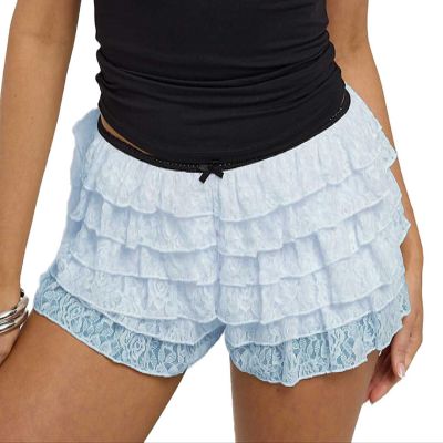 Faretumiya Women Mesh Lace Bloomer Shorts Y2k Layered Ruffle Frilly Booty Shorts Fairy Bow Sexy Boy Shorts Panties(Micro Blue,Small)