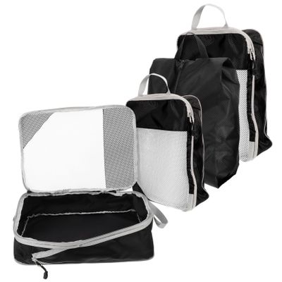 CALLARON 4pcs Expandable Compression Packing Cubes Set for Travel Luggage Storage Bags Handles for Organizing Clothes Shoes and Accessories Suitcases Black Mesh