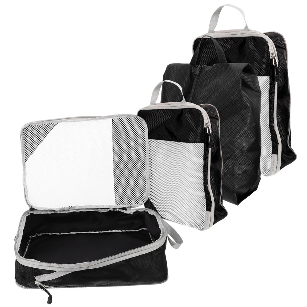 CALLARON 4pcs Expandable Compression Packing Cubes Set for Travel Luggage Storage Bags Handles for Organizing Clothes Shoes and Accessories Suitcases Black Mesh