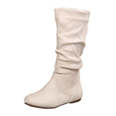 Women's Slouchy Faux Suede Leather Mid Calf Flats Boots Pull On Round Toe Flat Heel Fall Weather Winter Boots