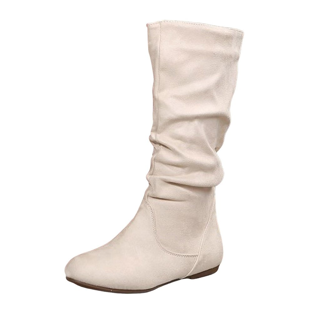Women's Slouchy Faux Suede Leather Mid Calf Flats Boots Pull On Round Toe Flat Heel Fall Weather Winter Boots