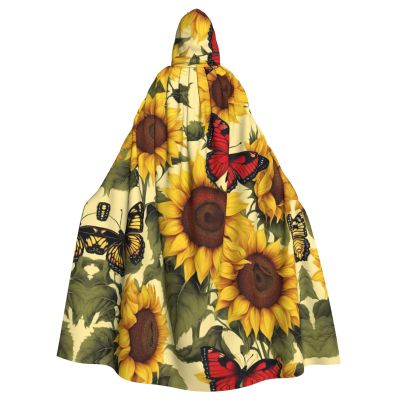 YKJJFVZ Yellow Sunflowers With Red Butterfly04 Print Rogue Cosplay Adult Halloween Witch Hooded Cloak Cape Unisex Costume For Horror Parties Masquerade