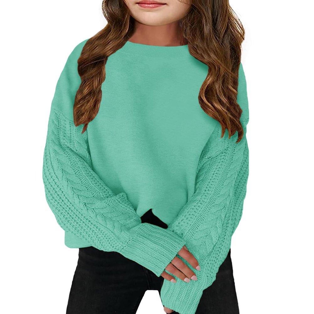 INFULEIMU Girls Sweaters Crewneck Long Sleeve Kids Sweater Fall Winter Chunky Knit Pullover Jumper 5-14 Light Green