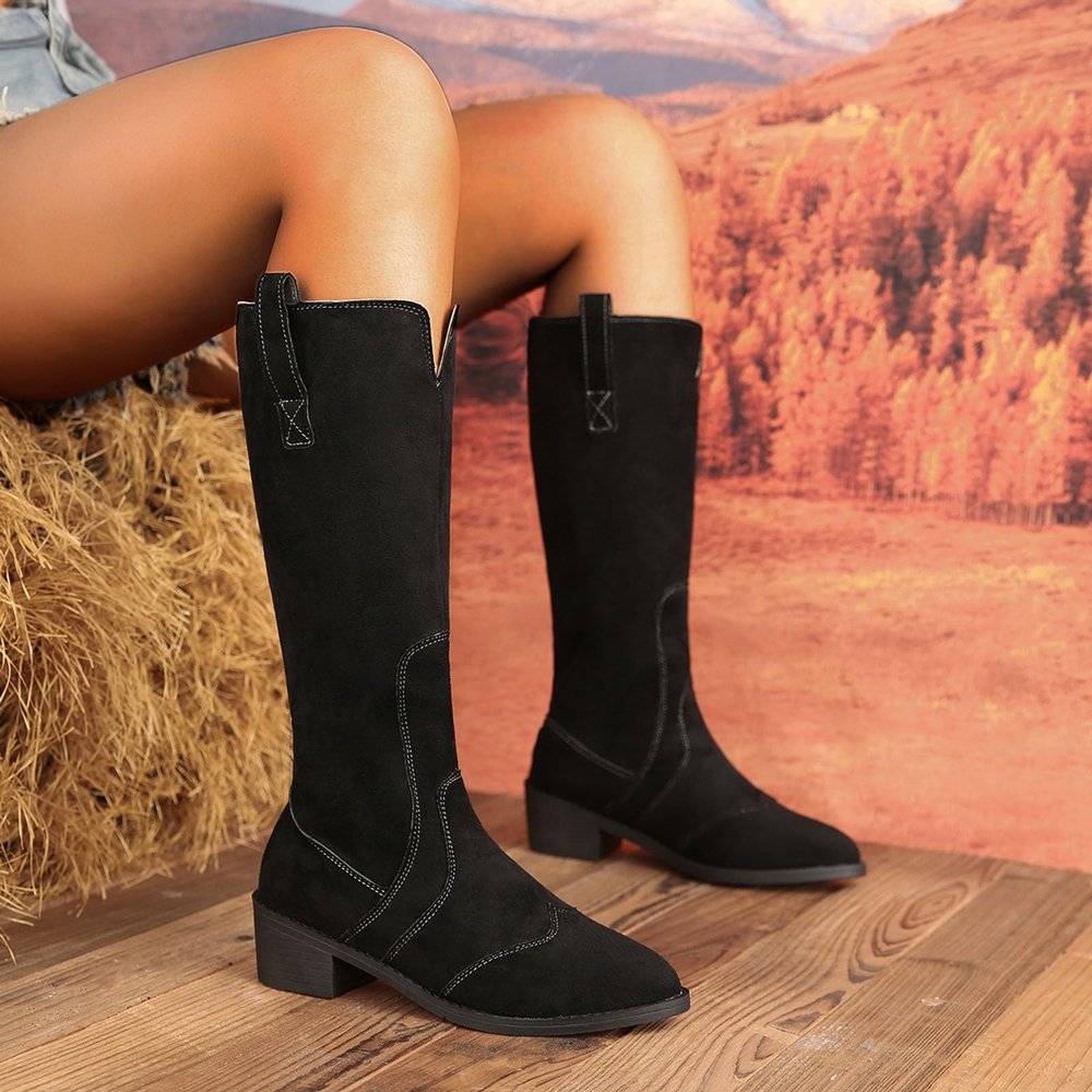 JYSwoshoe Embroidery Western Boots for Women Cowboy Boots Wide Calf Suede Chunky Low Heel Knee High Boots Comfortable Pull-On Long Booties Fall Boots for Women 2024 (Black, 6.5)