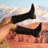 JYSwoshoe Embroidery Western Boots for Women Cowboy Boots Wide Calf Suede Chunky Low Heel Knee High Boots Comfortable Pull-On Long Booties Fall Boots for Women 2024 (Black, 6.5) view 2