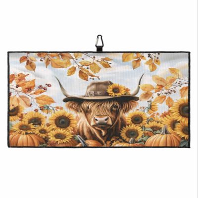 Golf Towel Waffle Pattern Towels,Thanksgiving Fall Sunflower Cow Microfiber Golf Bag Towel with Carabiner Clip Farm Highland Cattle Pumpkin Golf Accessories Club Cleaner for Men Women,16"x24"