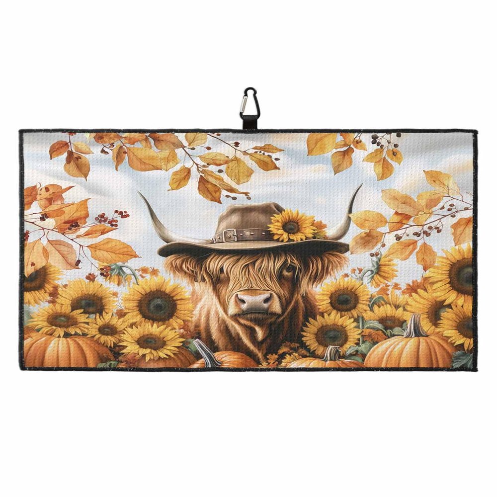 Golf Towel Waffle Pattern Towels,Thanksgiving Fall Sunflower Cow Microfiber Golf Bag Towel with Carabiner Clip Farm Highland Cattle Pumpkin Golf Accessories Club Cleaner for Men Women,16"x24"