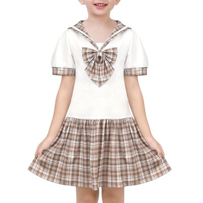 Sunny Fashion Girls Dress Brown Check Bow Tie Sailor Uniform School Short Sleeve Size 12