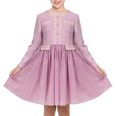 Girls Dress Purple Pearl Pocket Sequin Vintage Elegant Xmas Long Sleeve Size 10