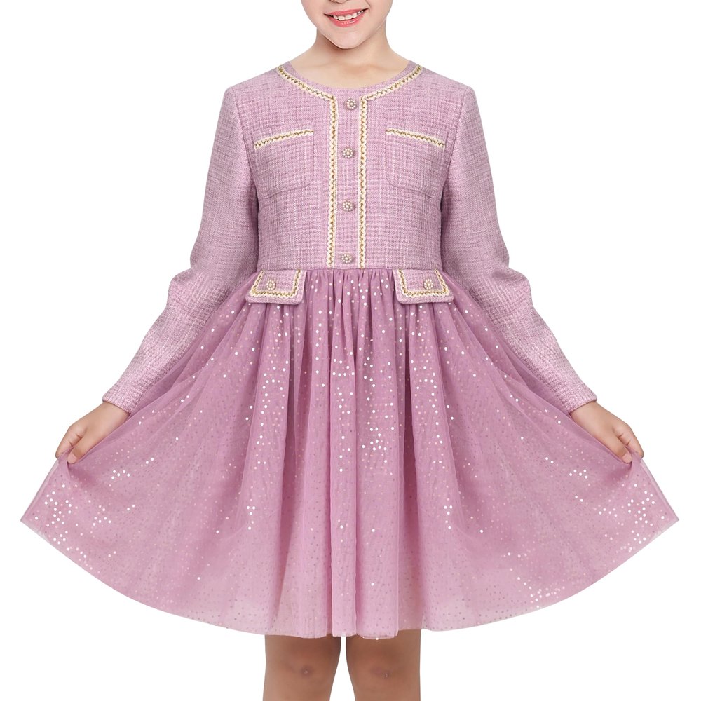 Girls Dress Purple Pearl Pocket Sequin Vintage Elegant Xmas Long Sleeve Size 10