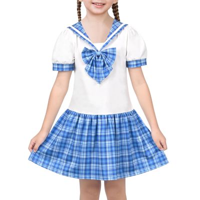 Sunny Fashion Girls Dress Blue Plaid Bow Tie Sailor Uniform School Short Sleeve Size 8