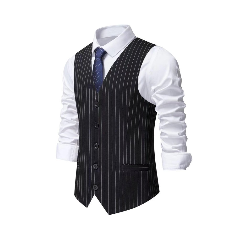 Men's Slim Fit Striped Suit Vest, 5 Button, Single Row, Dress Vest (US, Alpha, Large, Regular, Regular, black)