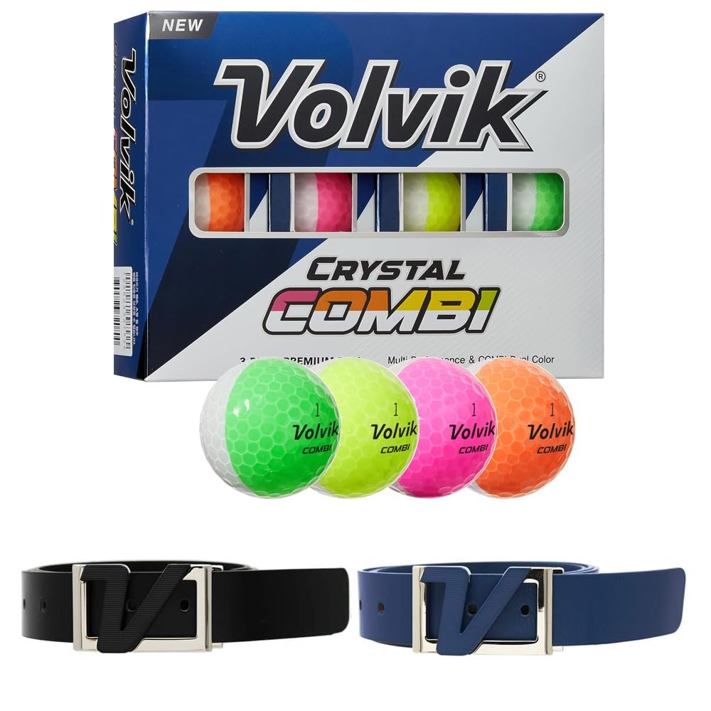 Volvik New Crystal Combi Dual Color Golf Balls 1 Dozen Bundle with Genuine Italian Real Solid Leather Belts (Black and Navy), Unisex