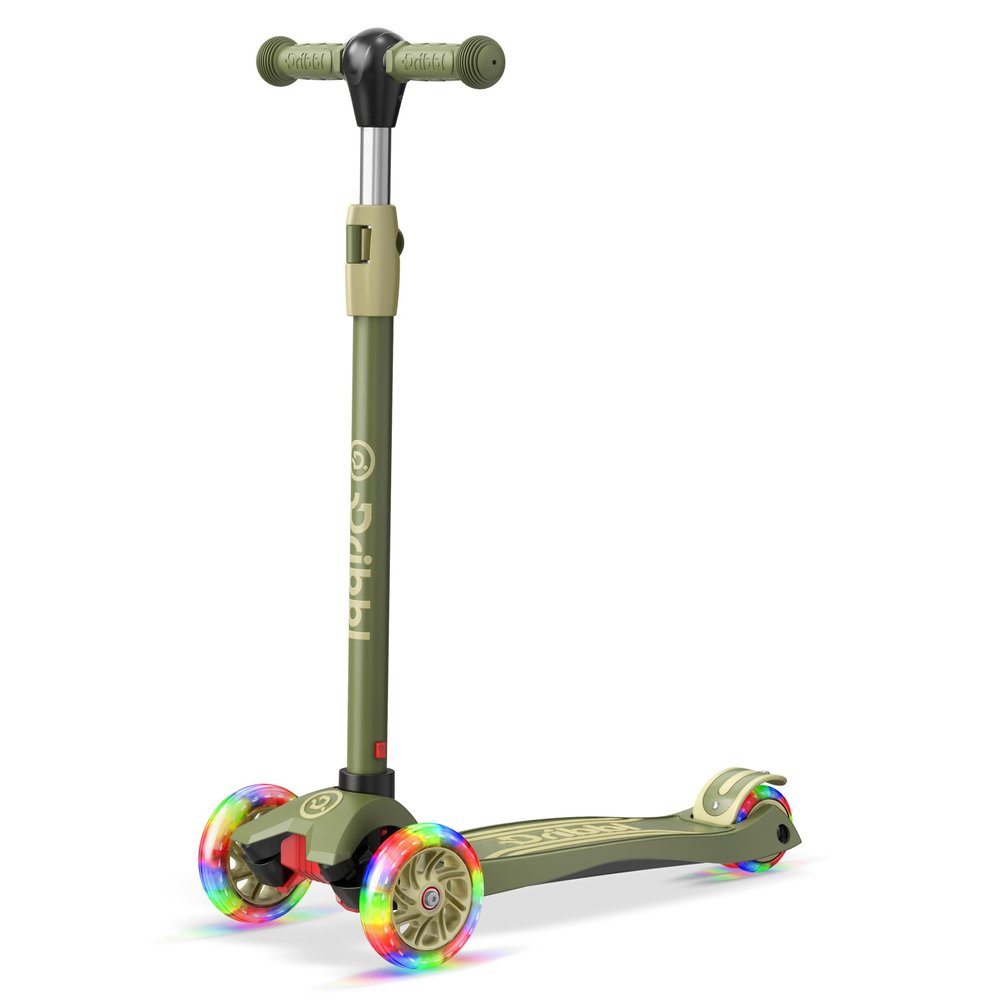 Dribbl 3-Wheel Kids Scooter - Lean-to-Steer Technology, Adjustable Height Handlebar, Wide Anti-Slip Deck, Scooter for Boys & Girls Ages 3+, Child Safety Approved, Support Riders Up to 165 lbs, Army