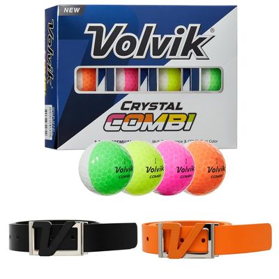 Volvik New Crystal Combi Dual Color Golf Balls 1 Dozen Bundle with Genuine Italian Real Solid Leather Belts (Black and Orange), Unisex