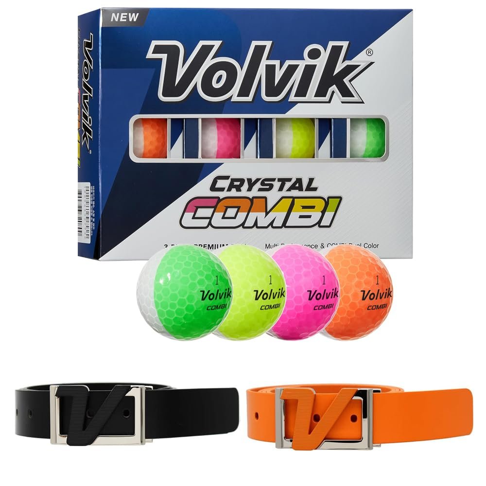Volvik New Crystal Combi Dual Color Golf Balls 1 Dozen Bundle with Genuine Italian Real Solid Leather Belts (Black and Orange), Unisex