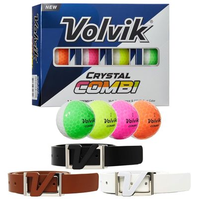 Volvik New Crystal Combi Dual Color Golf Balls 1 Dozen Bundle with Genuine Italian Real Solid Leather Belts (Black, Brown, and White), Unisex