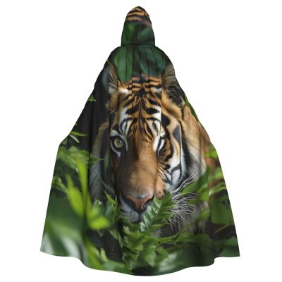 YKJJFVZ Tiger Stripe Print Rogue Cosplay Adult Halloween Witch Hooded Cloak Cape Unisex Costume For Horror Parties Masquerade