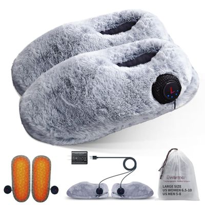Ewarmer Rechargeable Walking Foot Warmer for Cold Feet, Cordless Graphene Heated Boots for Women Indoor, 4-8 Hours Heat, Washable & Removable, Electric Heated Slippers(Grey Slippers, Standard)