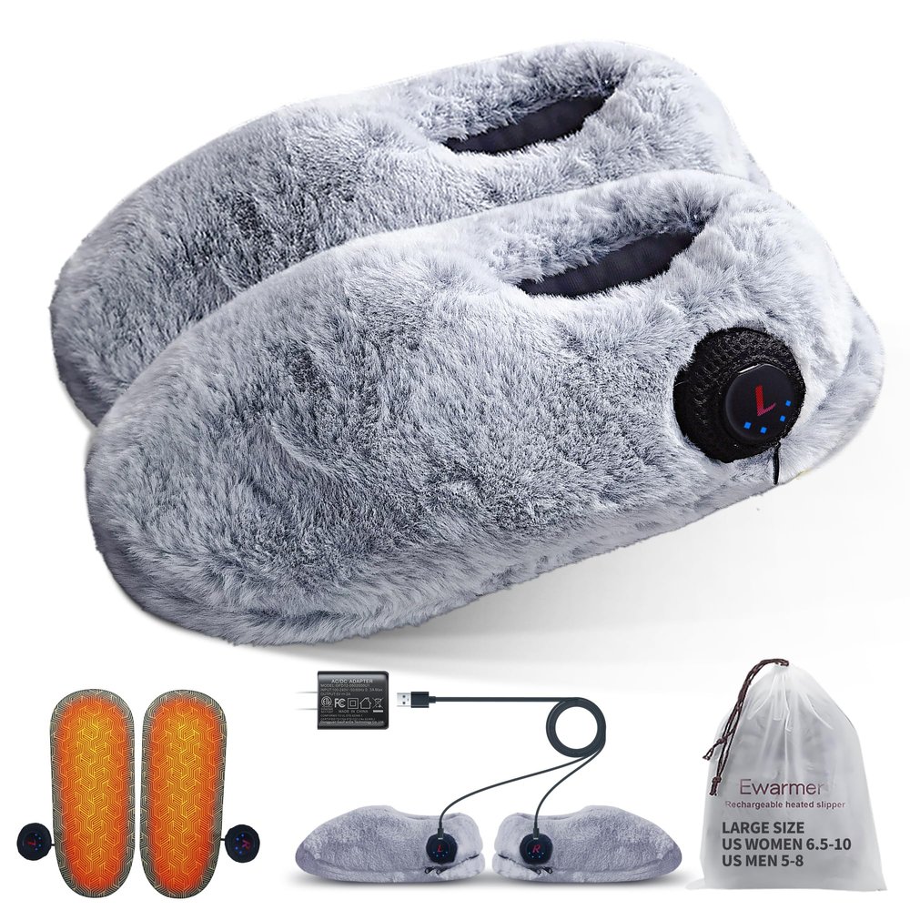 Ewarmer Rechargeable Walking Foot Warmer for Cold Feet, Cordless Graphene Heated Boots for Women Indoor, 4-8 Hours Heat, Washable & Removable, Electric Heated Slippers(Grey Slippers, Standard)
