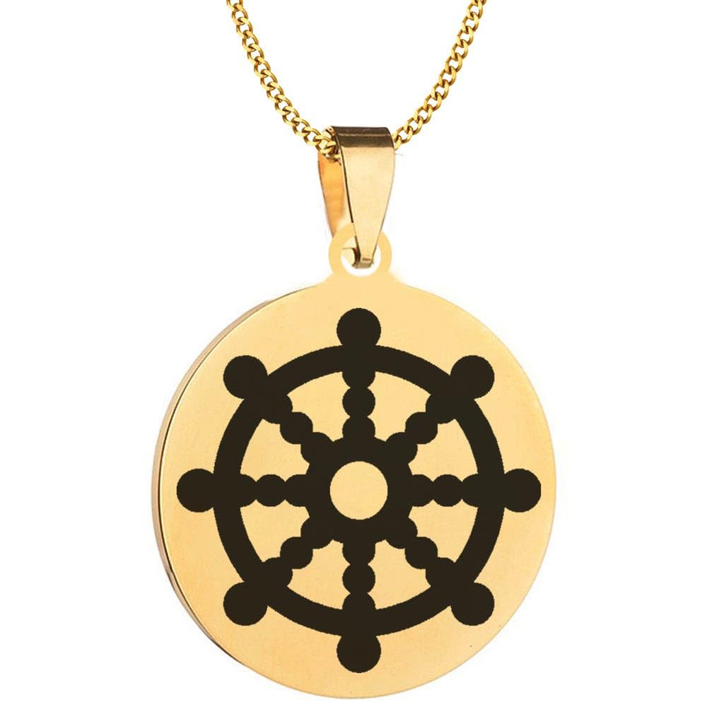 KOVEVE Engraved Dharma Wheel Symbol Stainless Steel Pendant Necklace Chain