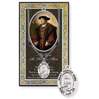 Needzo Thomas More Pewter Medal and Biography Card, Catholic Jewelry Gift with Pamphlet, 24 Inches