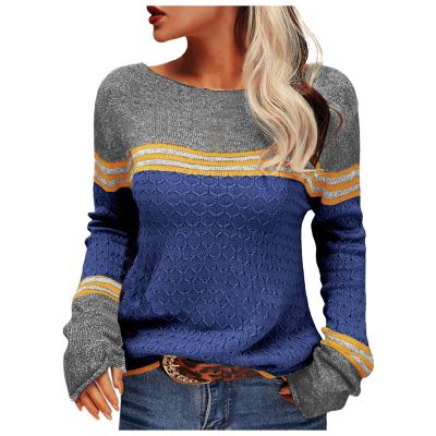 Fall Sweaters for Women Trendy Casual Long Sleeve Color Block Round Neck Striped Slim Fit Pullover Tops (C1-Blue, L)