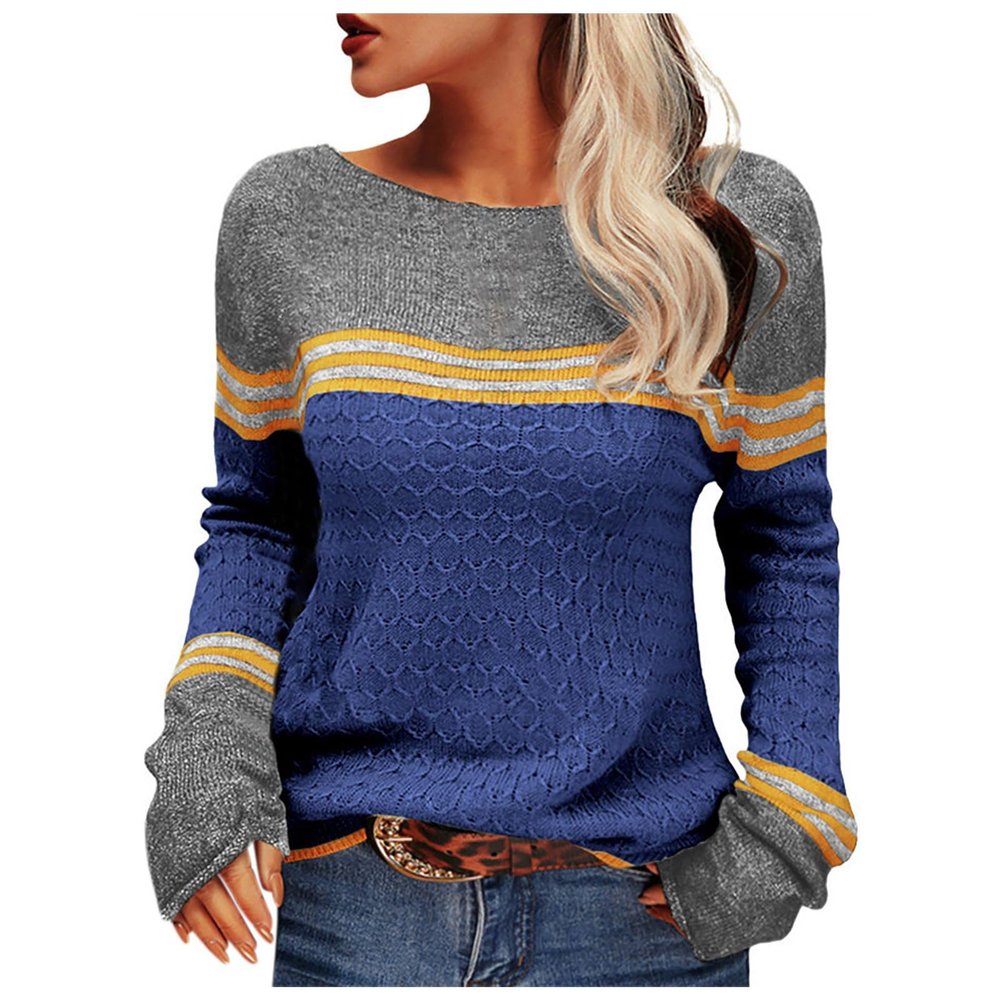 Fall Sweaters for Women Trendy Casual Long Sleeve Color Block Round Neck Striped Slim Fit Pullover Tops (C1-Blue, L)