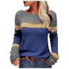 Fall Sweaters for Women Trendy Casual Long Sleeve Color Block Round Neck Striped Slim Fit Pullover Tops (C1-Blue, L) view 1