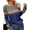 Fall Sweaters for Women Trendy Casual Long Sleeve Color Block Round Neck Striped Slim Fit Pullover Tops (C1-Blue, L) view 3