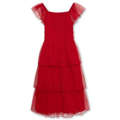 Speechless Girls' Flutter Sleeve Swiss Dot Smocked Bodice Midi Dress,Red,10