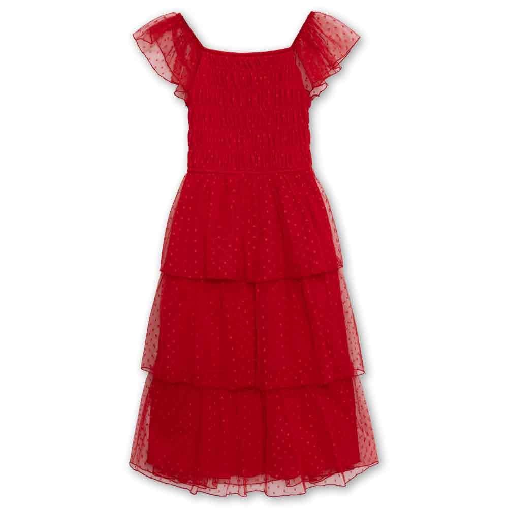 Speechless Girls' Flutter Sleeve Swiss Dot Smocked Bodice Midi Dress,Red,8