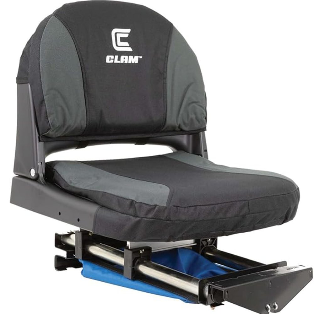 Clam Outdoors Deluxe Seat Assembly  Compatible with Legend, Yukon, Voyager, Jason Thermal X, X200 & X300 Shelters  Includes Pre-Assembled Padded Seat with Cover  Ice Fishing Accessory
