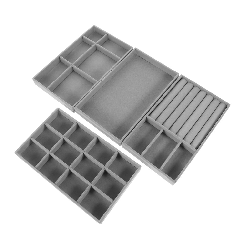 CAXUSD 4pcs Stackable Jewelry Tray Organizer Velvet Jewelry Storage Dish for Rings Earrings and Pendants Space-saving Dresser and Nightstand Decor Gray Color