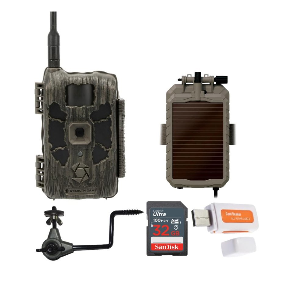 Stealth Cam 40MP Deceptor Max Cellular Trail Camera with 0.4-Second Trigger Speed Bundle Solar Power Panel, Trail Camera Holder, 32GB Memory Card, and Card Reader (5 Items)