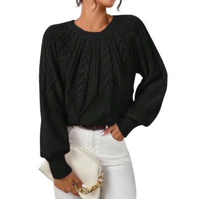 slqdgmryz Crewneck Sweaters for Women Oversized Cute Cable Chunky Knit Sweater Fall Casual Loose Solid Color Long Sleeve Shirts Pullover Ribbed Vintage Preppy Winter Outfits 2025, Black, Large